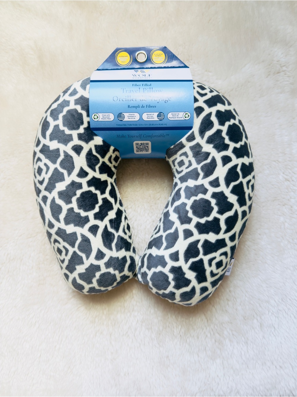 Plush cozy charcoal & White Geometric Travel Neck Pillow - Picture 7 of 9